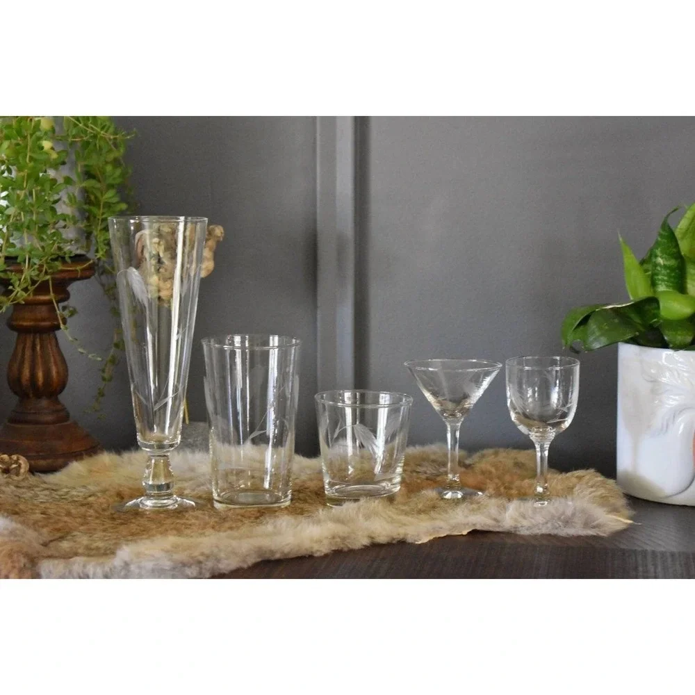 vtg Wheat Sasaki crystal wine cocktail multi sided stem barware set‎ glassware